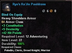 In-game tooltip for Ryo's Ra'Jin Pauldrons