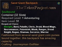 In-game tooltip for Sand Giant Backpack