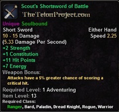 In-game tooltip for Scout's Shortsword of Battle