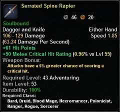 In-game tooltip for Serrated Spine Rapier