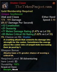 In-game tooltip for Shatter Claws