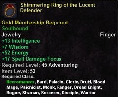 In-game tooltip for Shimmering Ring of the Lucent Defender