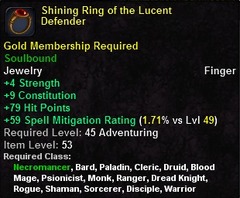 In-game tooltip for Shining Ring of the Lucent Defender