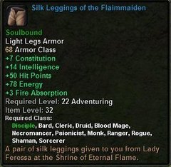 In-game tooltip for Silk Leggings of the Flamemaiden