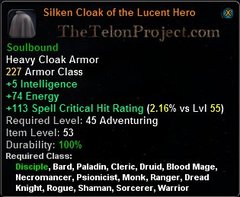 In-game tooltip for Silken Cloak of the Lucent Hero