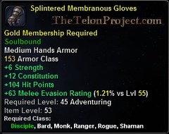 In-game tooltip for Splintered Membranous Gloves