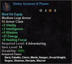In-game tooltip for Stolen Greaves of Power