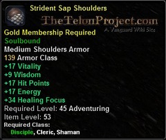 In-game tooltip for Strident Sap Shoulders