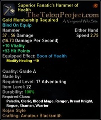 In-game tooltip for Superior Fanatic's Hammer of Health