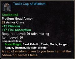 In-game tooltip for Tani's Cap of Wisdom