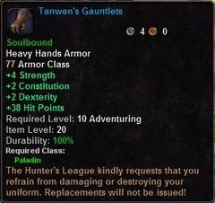 In-game tooltip for Tanwen's Gauntlets