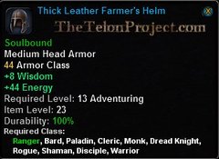 In-game tooltip for Thick Leather Farmer's Helm