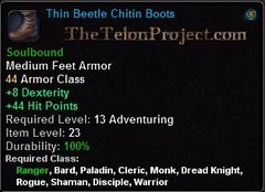 In-game tooltip for Thin Beetle Chitin Boots