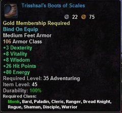 In-game tooltip for Trisshsal's Boots of Scales