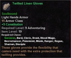 In-game tooltip for Twilled Linen Gloves