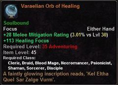 In-game tooltip for Varaelian Orb Of Healing