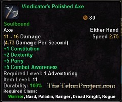 In-game tooltip for Vindicator's Polished Axe