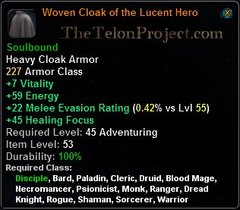 In-game tooltip for Woven Cloak of the Lucent Hero