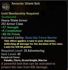 In-game tooltip for Xenocite Shield Belt