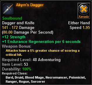 In-game tooltip for Akym's Dagger