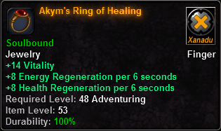 In-game tooltip for Akym's Ring of Healing