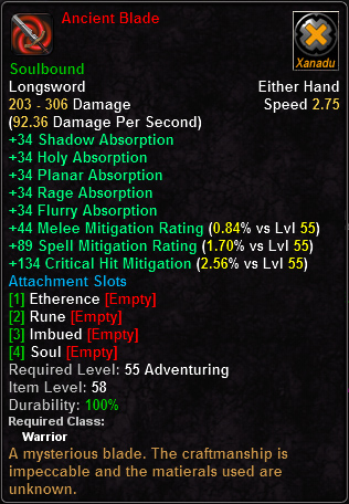 In-game tooltip for Ancient Blade