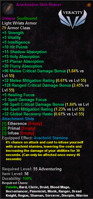In-game tooltip for Arachnidon Skin Bracer