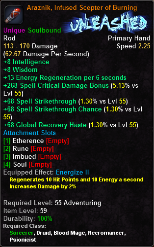 In-game tooltip for Araznik, Infused Scepter of Burning