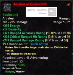 In-game tooltip for Arbalest of Ancient Evil
