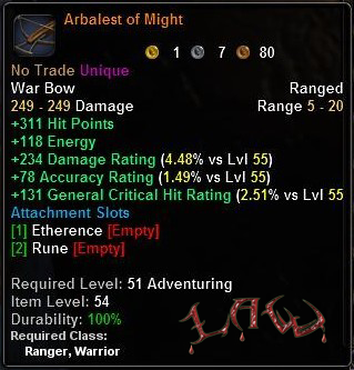 In-game tooltip for Arbalest of Might
