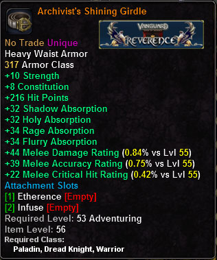 In-game tooltip for Archivist's Shining Girdle