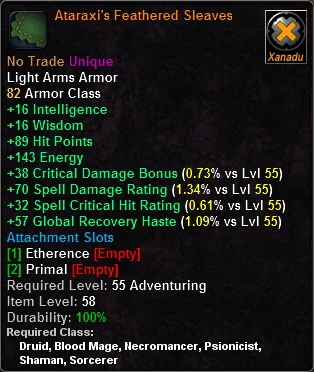 In-game tooltip for Ataraxi's Feathered Sleaves