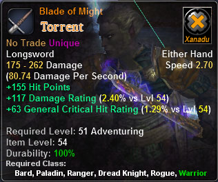 In-game tooltip for Blade of Might
