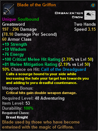 In-game tooltip for Blade of the Griffon