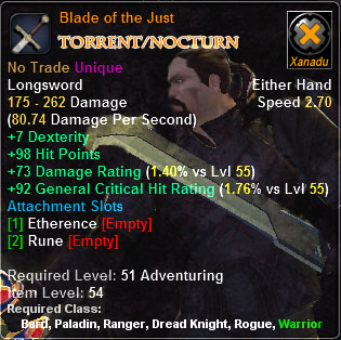 In-game tooltip for Blade of the Just