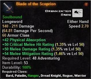 In-game tooltip for Blade of the Scoprion
