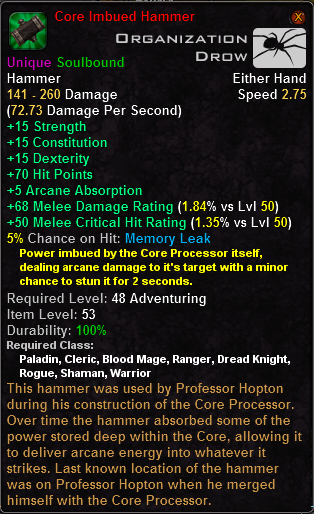 In-game tooltip for Core Imbued Hammer