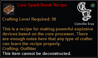 In-game tooltip for Core Spark Bomb Recipe