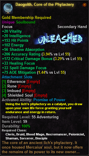 In-game tooltip for Daogolth, Core of the Phylactery