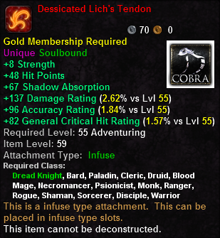 In-game tooltip for Dessicated Lich's Tendon