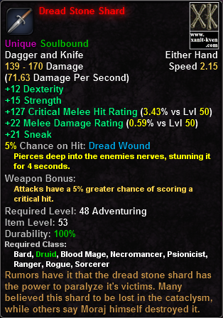 In-game tooltip for Dread Stone Shard
