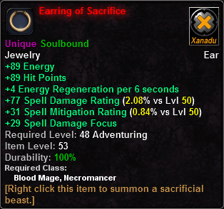 In-game tooltip for Earring of Sacrifice