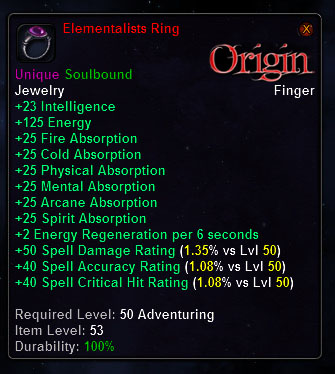In-game tooltip for Elementalists Ring