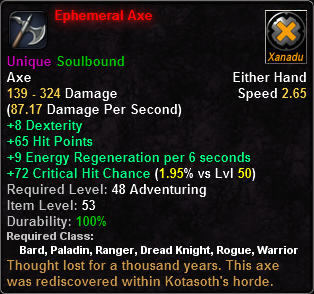 In-game tooltip for Ephemeral Axe