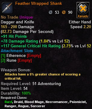 In-game tooltip for Feather Wrapped Shank