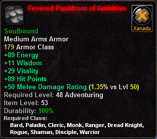 In-game tooltip for Fevered Pauldrons of Ambition