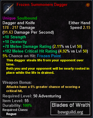 In-game tooltip for Frozen Summoners Dagger