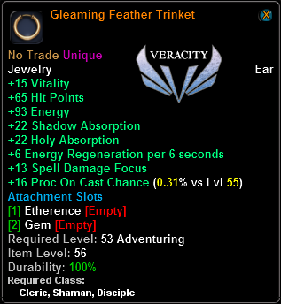 In-game tooltip for Gleaming Feather Trinket