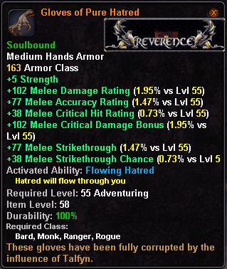 In-game tooltip for Gloves of Pure Hatred