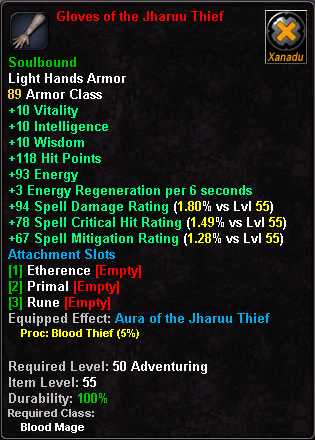 In-game tooltip for Gloves of the Jharuu Thief